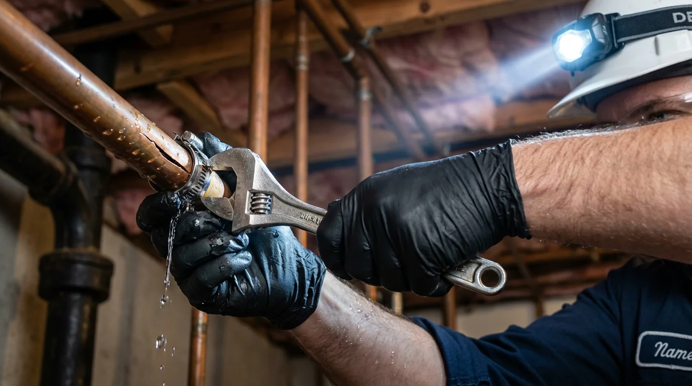 Emergency pipe clamp repair being performed by a Johns Plumbing LLC plumber in Louisville