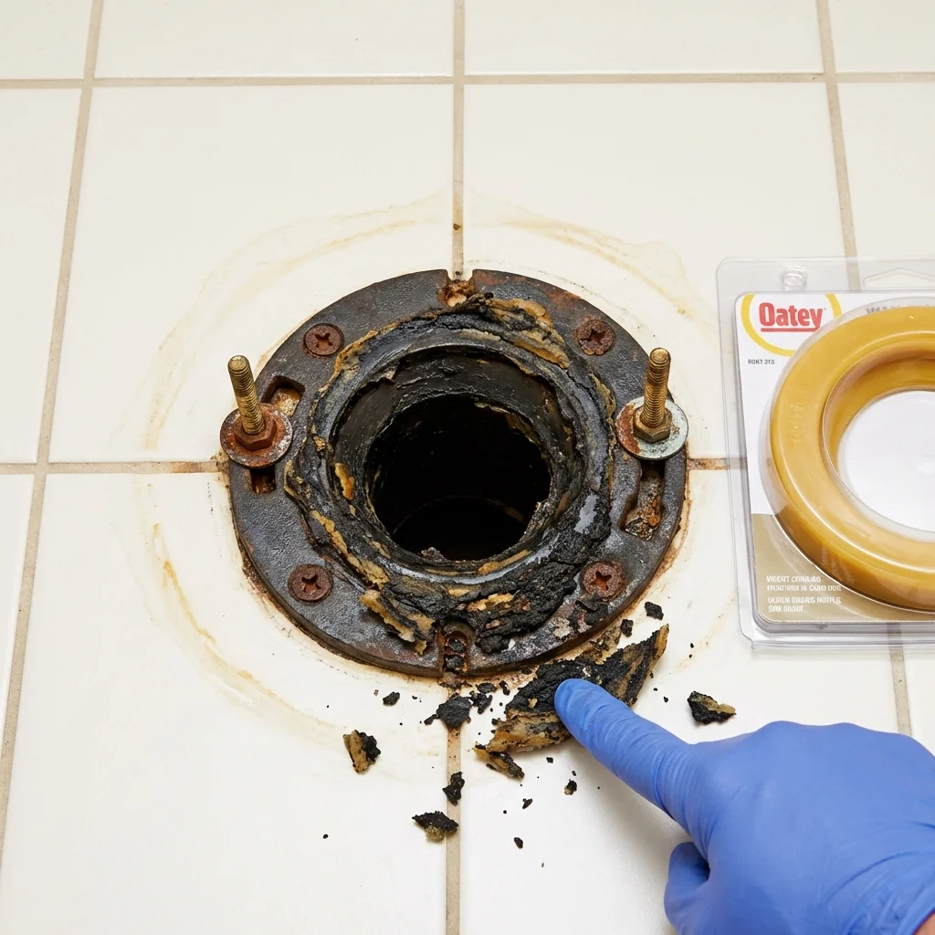 Failed wax ring showing water seepage at the base of a toilet in a Louisville, IL home
