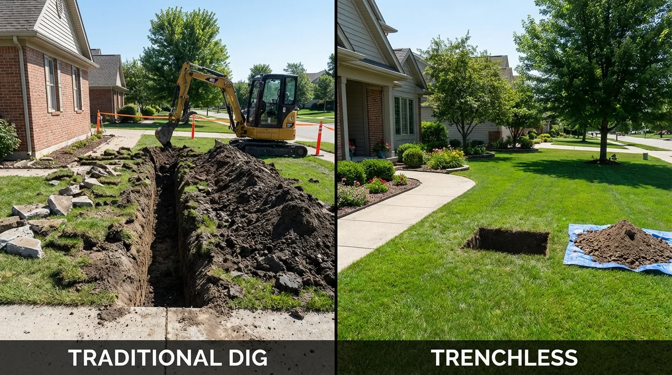Trenchless sewer repair with minimal yard damage versus traditional excavation in Louisville, IL