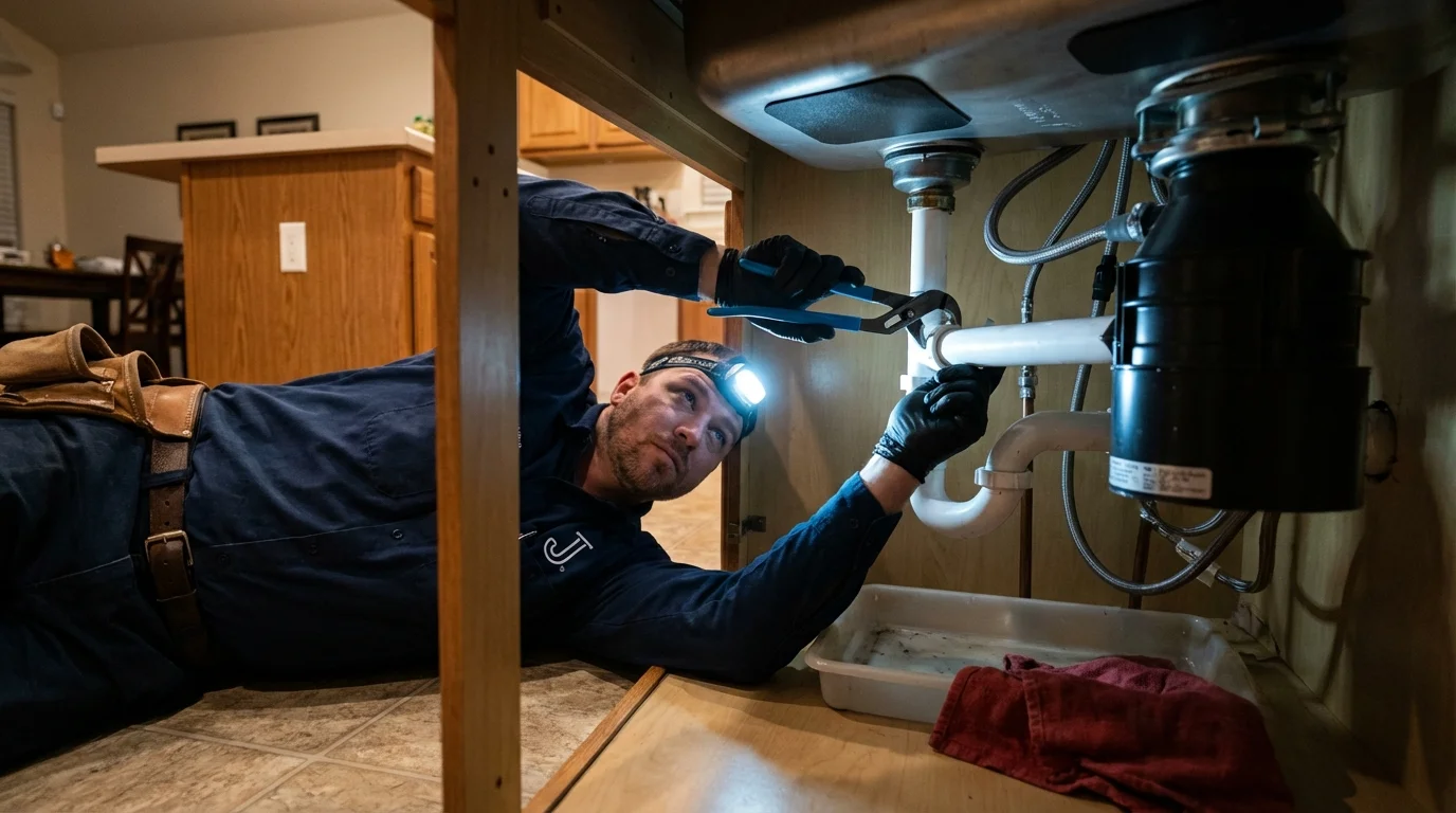 P-trap and supply line connections under a kitchen sink showing a common leak point in Louisville, IL
